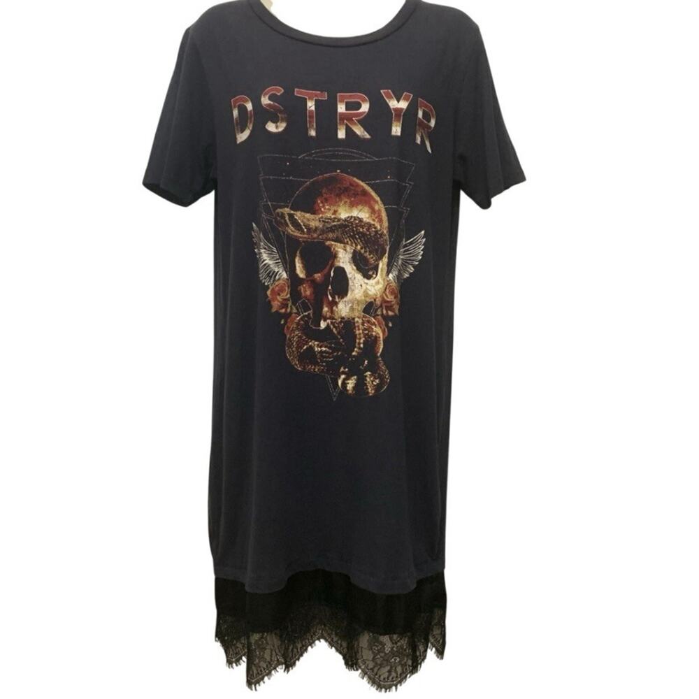 Vintage Inspired 80s Rock Band T-Shirt Dress Satin Lace Trim Grunge Metal Size M